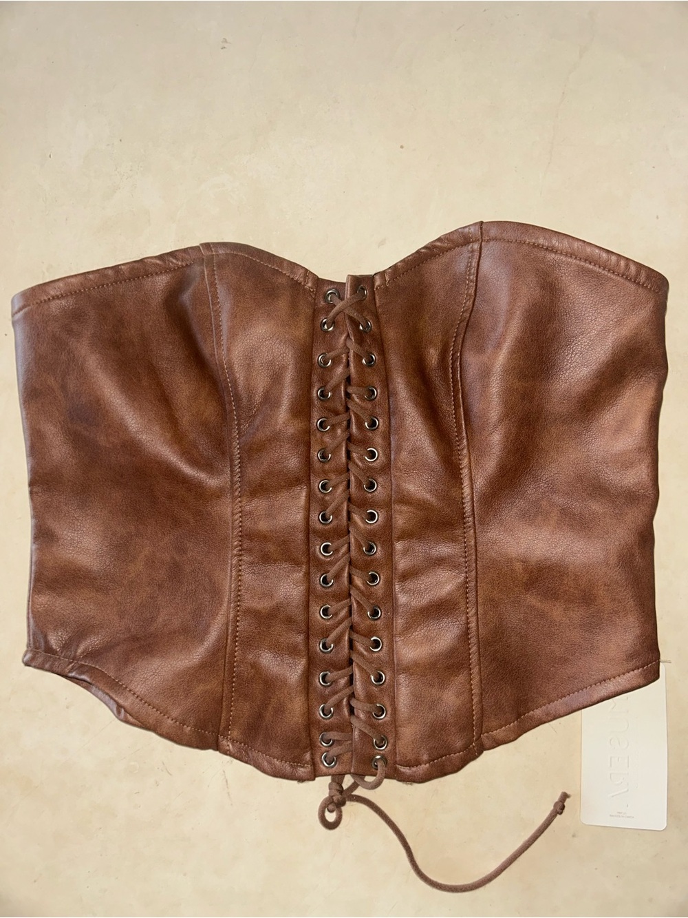 NWT Brown Faux Leather Lace-Up Corset Crop Top bustier L western shirt - Picture 2 of 5
